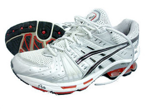 Caption: Shoes with pronation control like these ASICS stability running shoes provide additional support on the medial (inside) sole to limit the force caused by over pronation.